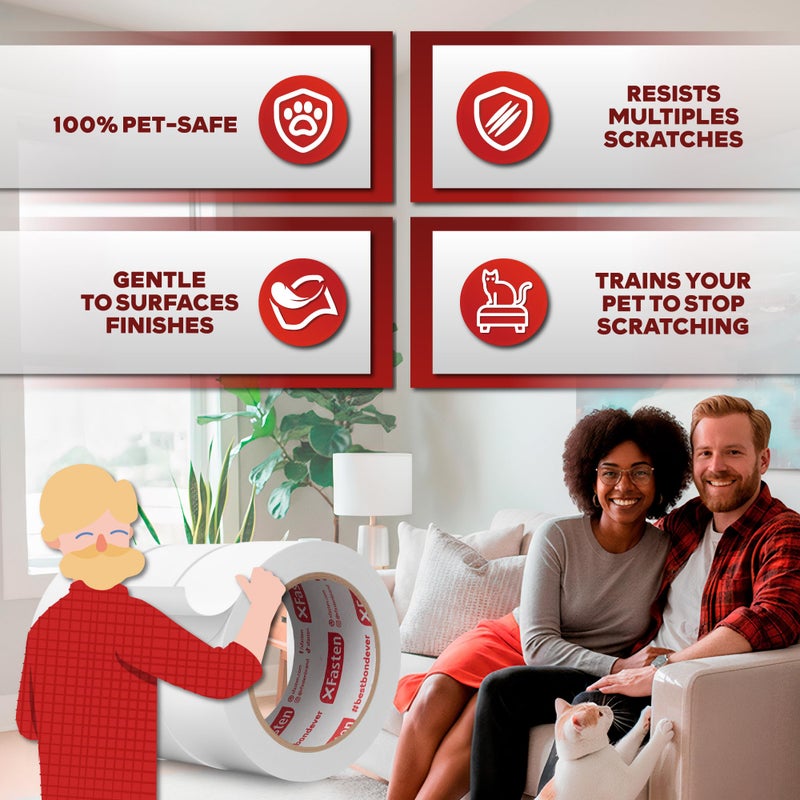 XFasten Anti-Scratch Cat Training Tape, Clear, 2.5-Inches x 15 Yards, 2.5-Inches x 15 Yards (3-Pack) Door, Couch, Furniture and Leather Scratch Guard Protector Tape for Cats and Pets - Image 2